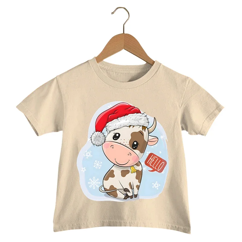 Детская рождественская футболка с принтом коровы и шляпы Санта-Клауса осенняя