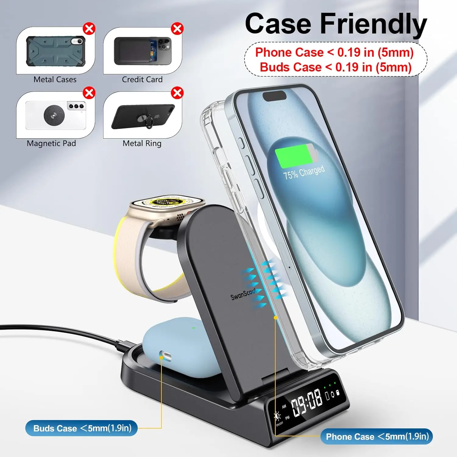 Портативная беспроводная зарядная станция SwanScout 702A для iPhone 16 15 14 13 12 11 зарядное