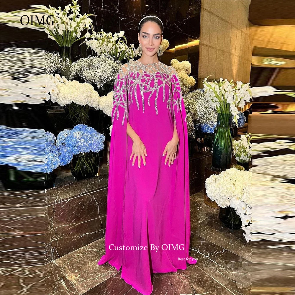

OIMG Sparkly Lace Fushcia Dubai Kaftan Evening Dresses Straight Chiffon O Neck Long Cape Sleeves Arabic Formal Party Prom Gowns
