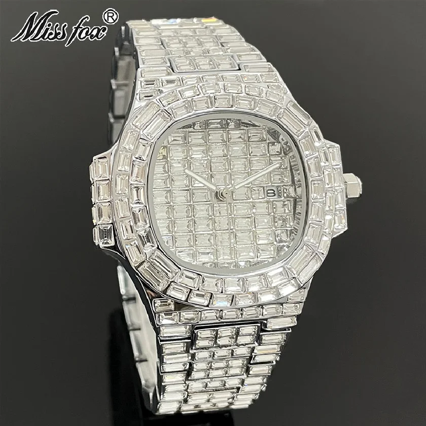 

MISSFOX Luxury Gold Watch For Men Hip Hop Brand Iced Out Diamond Quartz Clock Automatic Date Full Steel Wristwatches Gift Reloj