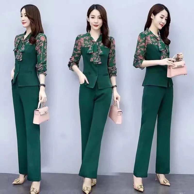 

Women's Fashion Chiffon Printed Suit 2023 New Spring And Autumn Slim Tops Wide Leg Pants 2 Two Piece Set Cute Outfits For Women
