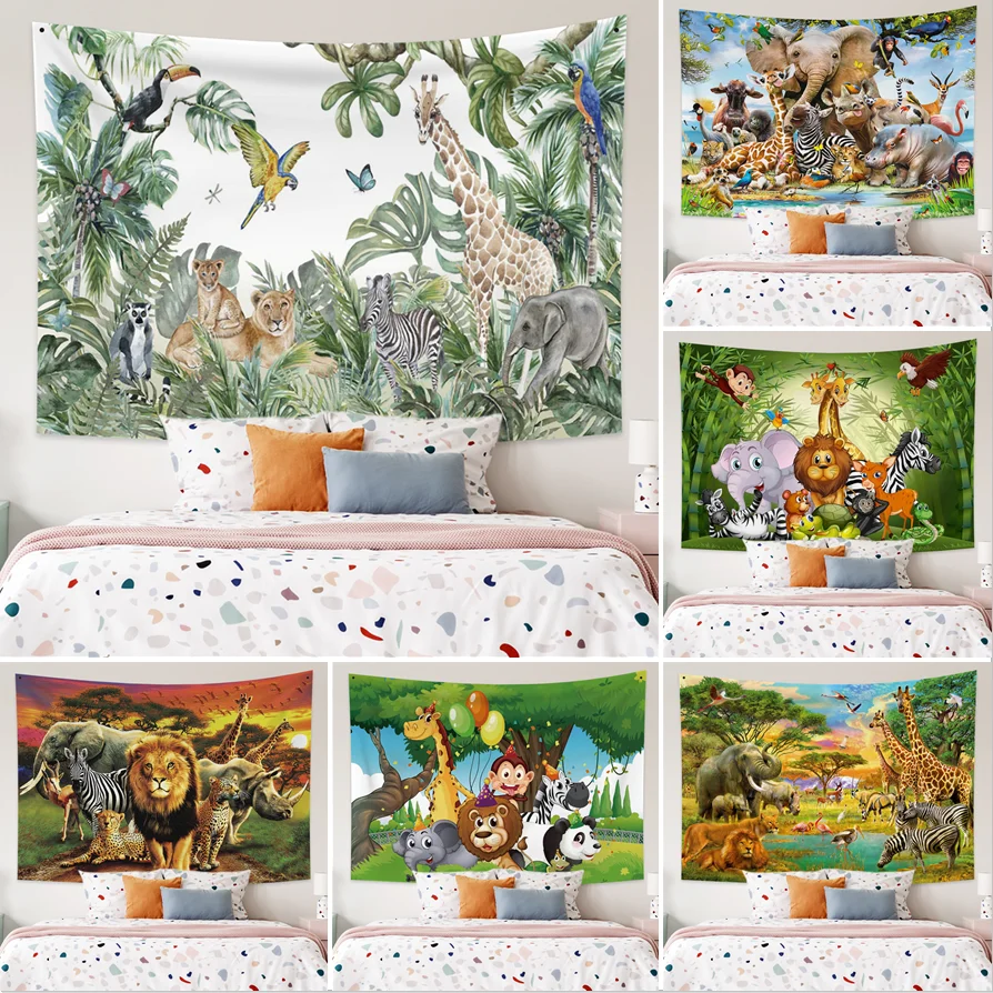 

Laeacco Jungle Forest Animal World Tapestry Baby Birthday Party Decorations Bohemian Wild Animal Elephant Lion Pattern Carpets