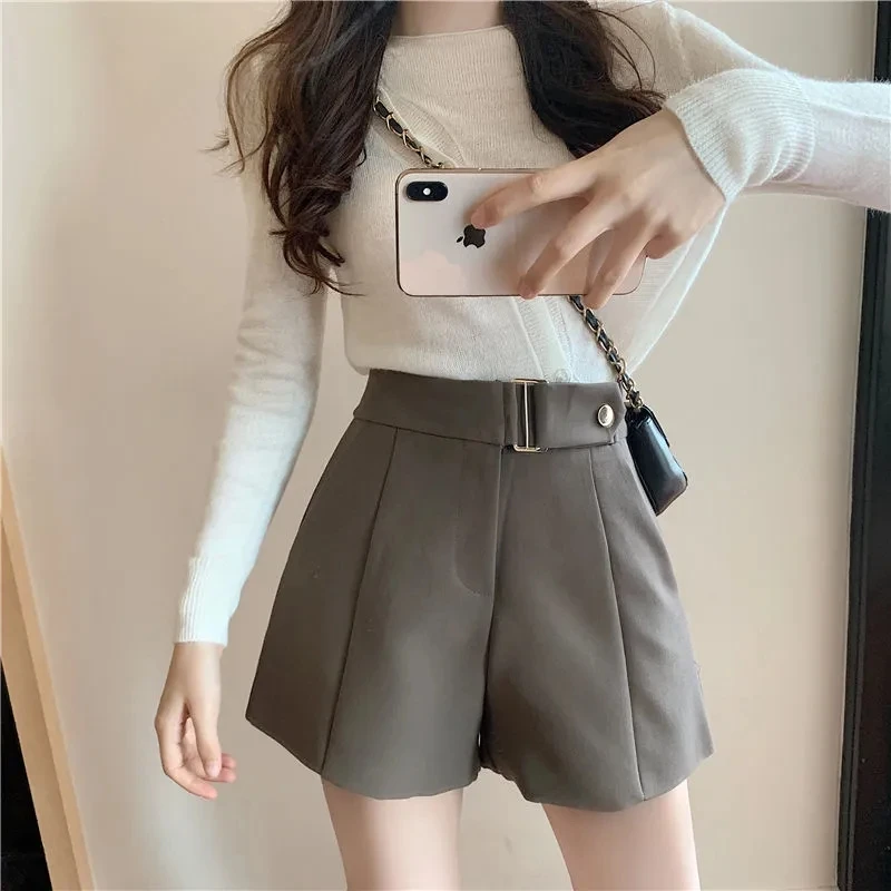 Office Design Baggy High Waist A-line Suit Shorts Women's Casual Korean Stylish Classic Black Wide Leg Short Pants For Female