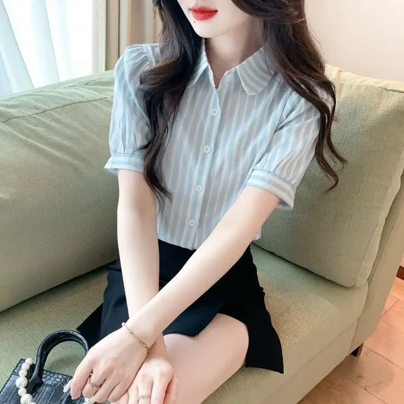 Модная полосатая рубашка женская с пышными рукавами лето 2024 новый свободный топ