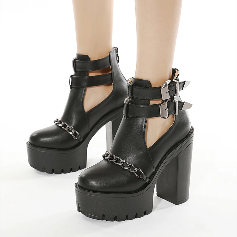 

Women's Gothic Platform Ankle Boots Ladies Chain High Heels Woman Hollow Out Pumps New Women Buckle Punk Female Shoes Plus Size