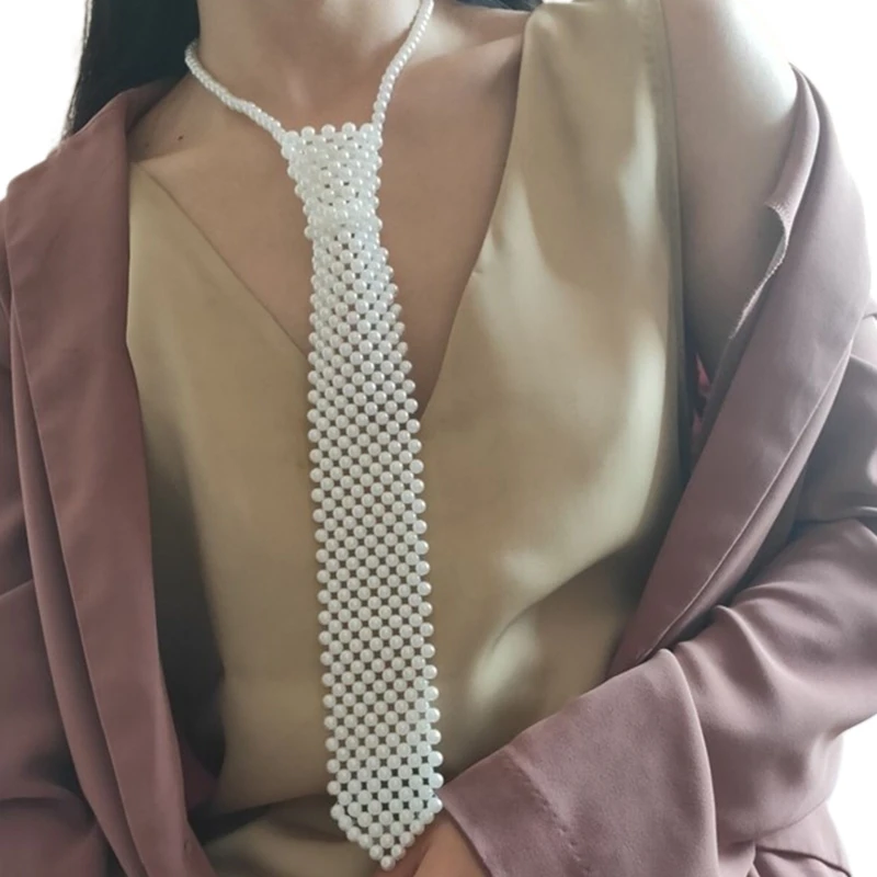 

Women Hollow Out Woven Pearl Necktie Necklace Beaded Jewelry Shirt Tie Collar