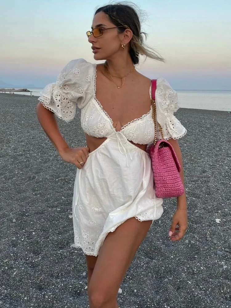 

Лето Сексуальное Мини платье для женщин 2023 с короткими рукавами пояс с вырезами Вечерние Клубные платья v-образный вырез отдыха белое платье Boho Vestidos