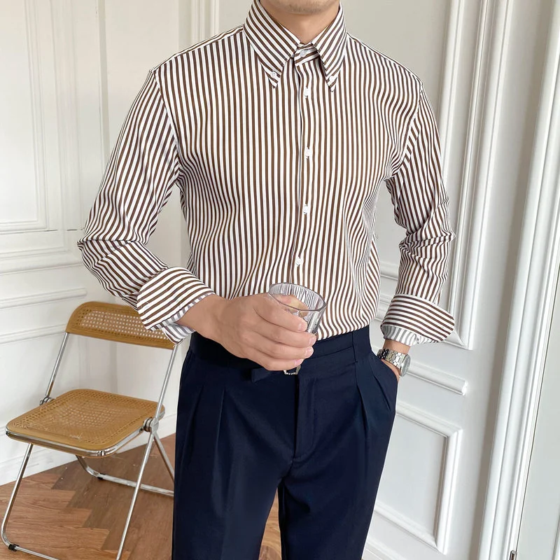 2022 Summer Classic Striped Shirts Men Long Sleeve Business Formal Dress Shirt High Quality Slim Casual Social Tops Men Clothing