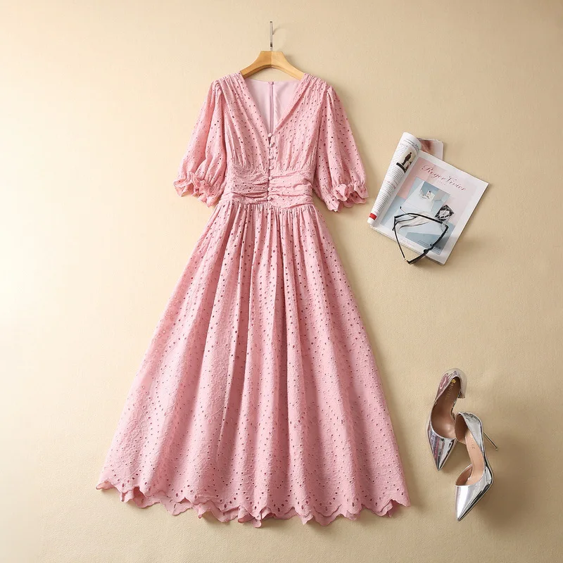 European and American women's wear for winter 2022 Five-quarter sleeve V-neck hollow embroidery fashion Pink dress XXL