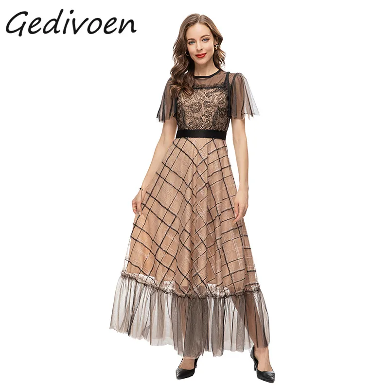 

Женское винтажное Сетчатое платье Gedivoen, модельное длинное платье с круглым вырезом, вышивкой и блестками, комбинированными оборками и присборенной талией, лето 2019