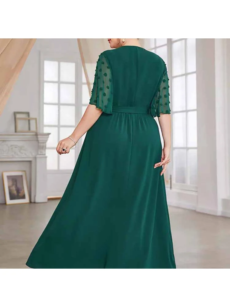 Dot simple skirt elastic waist print dress large size women temperament plus size  v neck dress