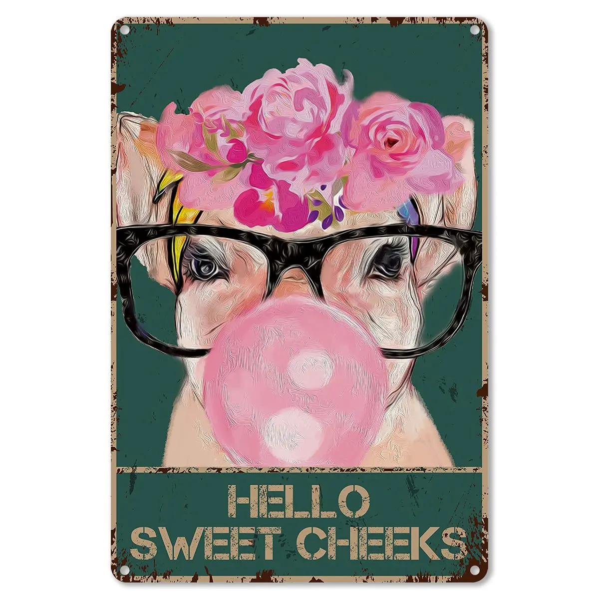 

Quote Metal Tin Sign Wall Decor - Vintage Hello Sweet Cheeks Pig Foral Crown Tin Sign for Toilet WC Washroom Decor Gifts