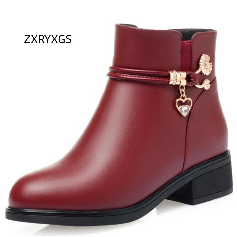 ZXRYXGS Stylish Elegant Autumn Winter Shoes Woman Boot Ankle Boots 2023 New Shoes Mid Heel Warm Snow Boots Genuine Leather Boots