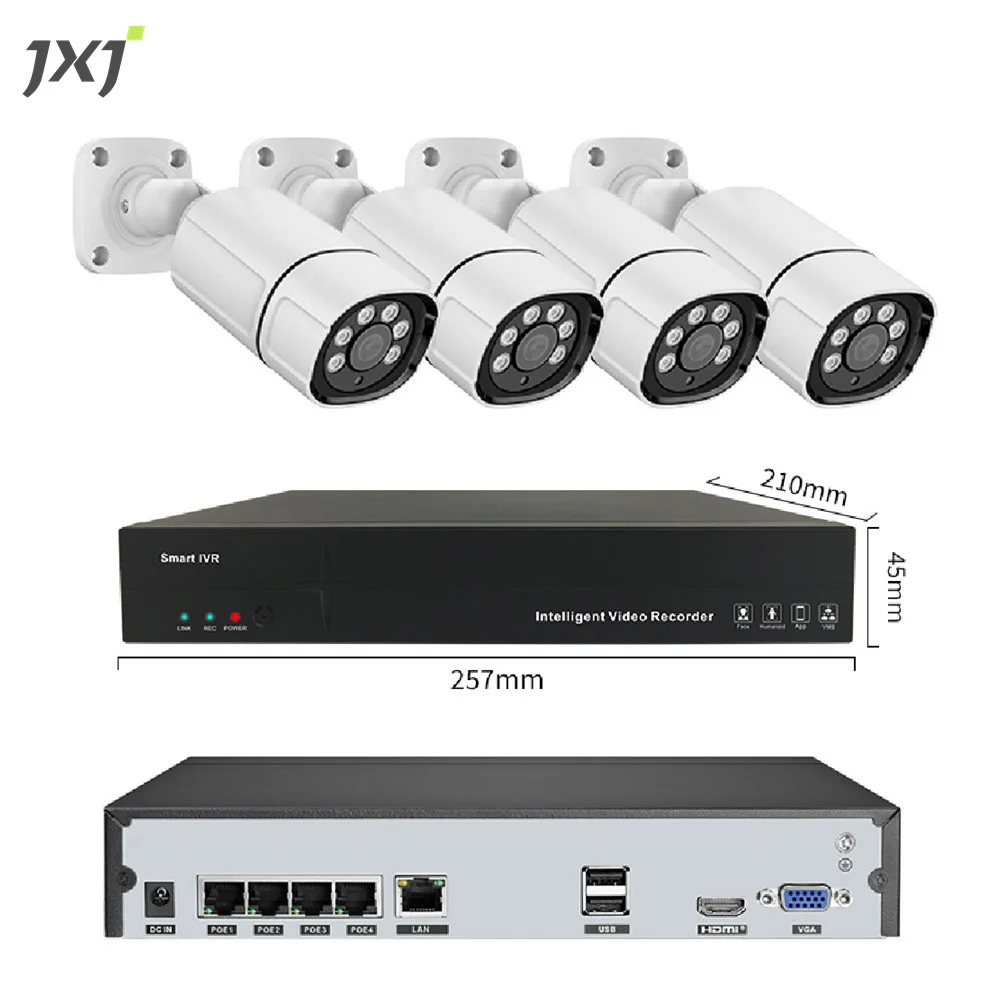 

JXJ Humanoid Detection Target Count 4Ch Channel 4 Pieces POE NVR Kit Sets Net Camera System Security IP Bullet Camera 5mp