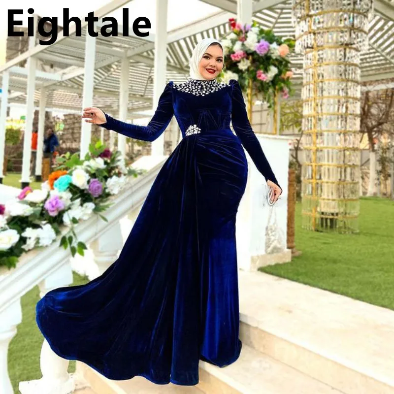 

Eightale 2023 Royal Blue Velour Mermaid Evening Dress Crystal High Collar Long Sleeve Dubai Prom Dress Arabic Formal Party Gown