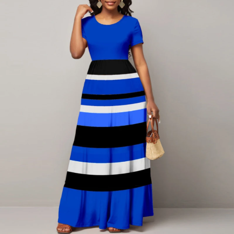 

New Summer Fashion Women Loose Boho Elegant Dress Large Big O-Neck Half Sleeve Print Party Long A-Line Maxi Dress