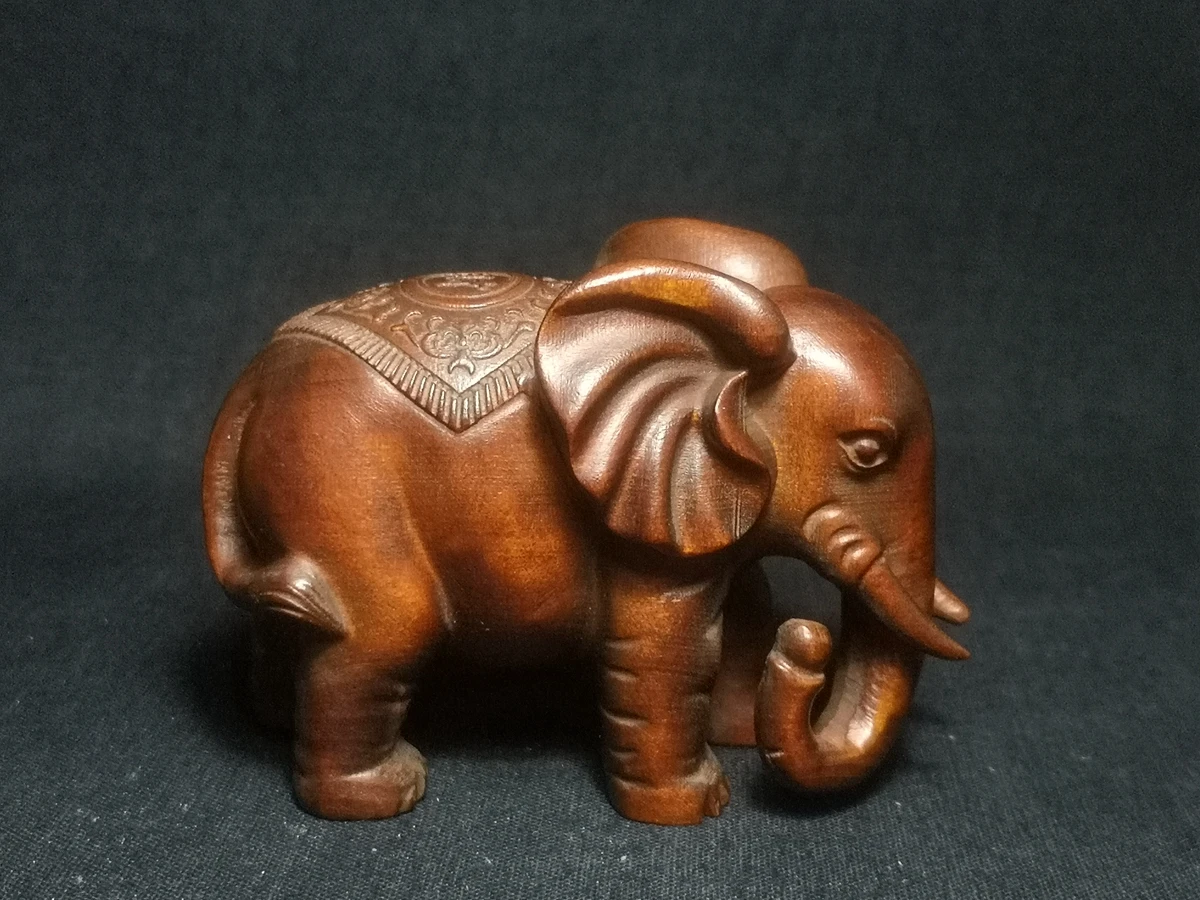 

YIZHU CULTUER ART L 7.7 CM Chinese Boxwood Hand Carved Animal Elephant Figure statue desk decoration Gift Collection