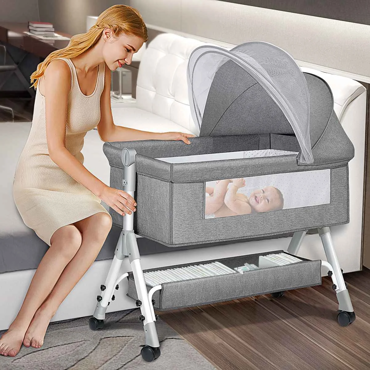 Baby Bassinet Crib Cradle Infant Cradle Bed with Diaper Storage Basket Travel Bed Mosquito Net Baby Bedside Sleeper for Newborns