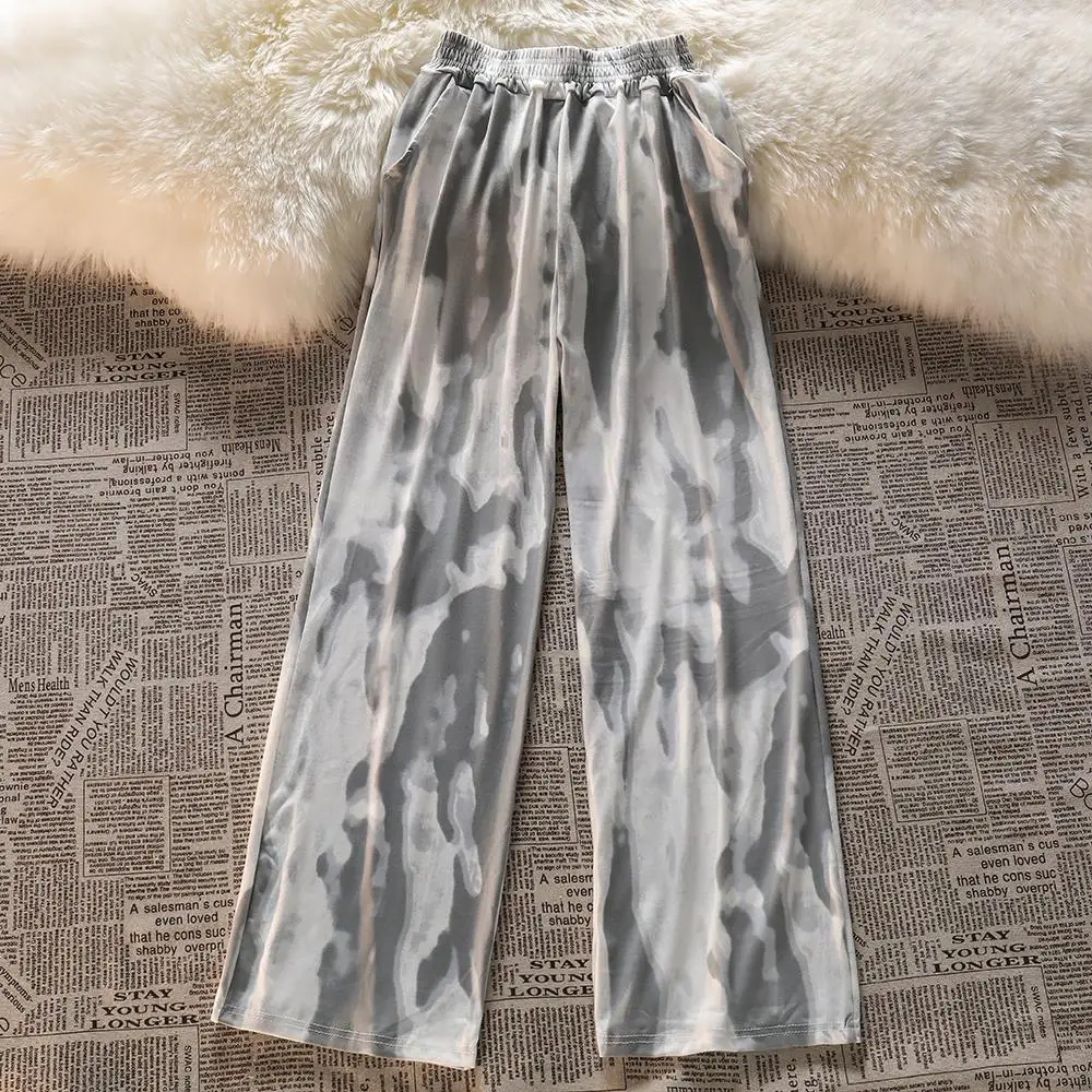 Tie Dyed Printed Pants Women Autumn High Waist Straight Casual Holiday Wide Leg Pants Loose Long Pants Design Sported Trousers