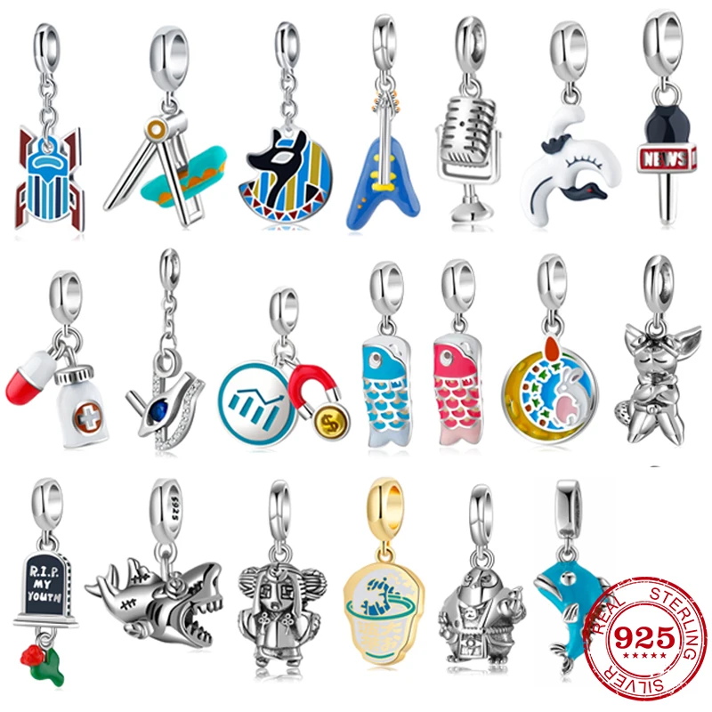 

New 925 Sterling Silver Scissors Brush News Microphone Medicine Bottle Growth Funding Charms Pendants for DIY Bracelets Jewelry