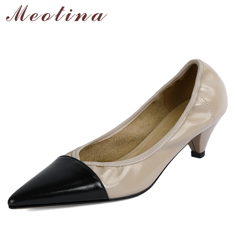 

Женские туфли из натуральной кожи Meotina, весенние туфли-лодочки с острым носком и эластичным ремешком, на среднем каблуке, абрикосового цвета