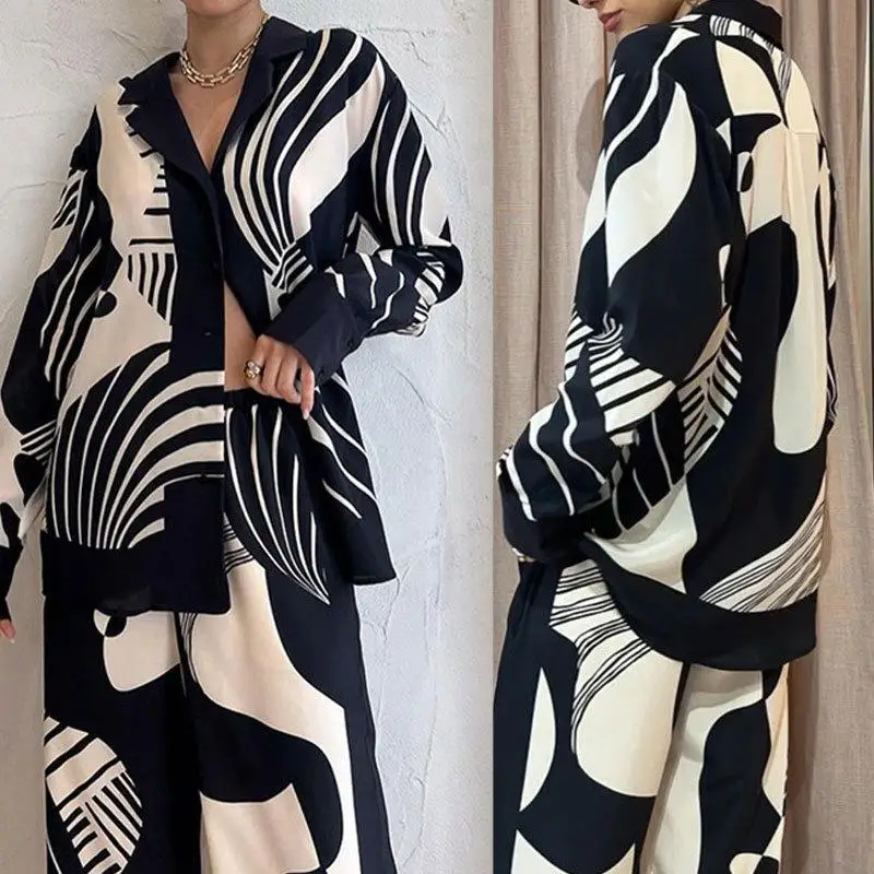 

Print V Neck Full Sleeve Women Cardigan Loose Lace Up Tight High Waist Straight Wide Leg Long Pants Set Regular Two Piece Sets