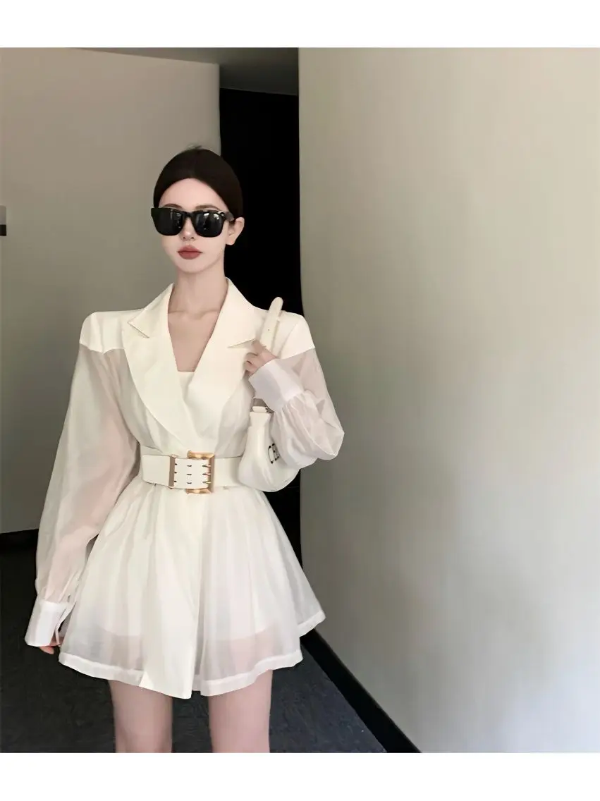 2023 Spring summer Korean style white breathable mesh patchwork loose belt with advanced thin suit jacket without belt