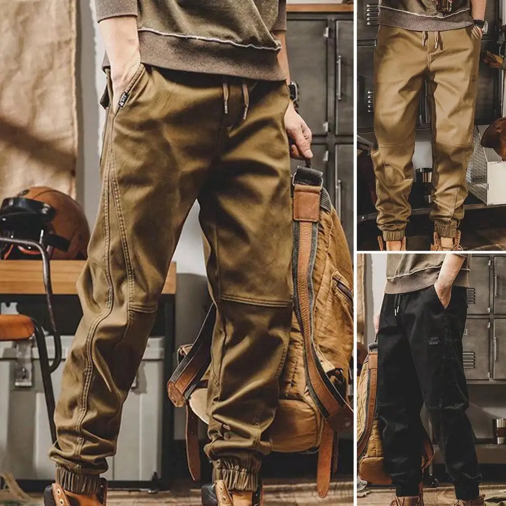 

Popular Men Sweatpants Solid Color Japan Style Loose Pockets Spring Autumn Vintage Drawstring Cargo Pants for Working
