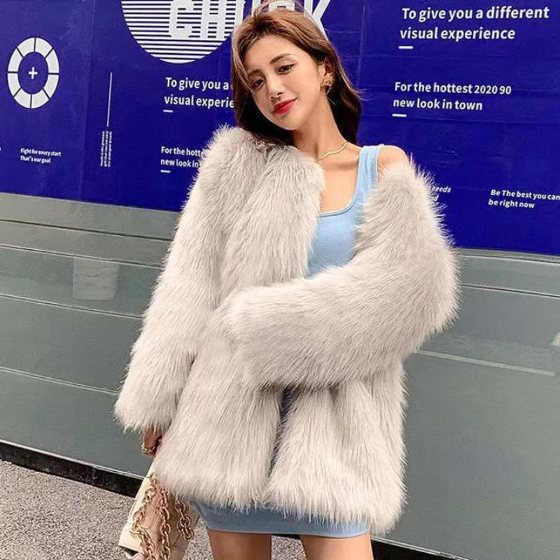 Winter Thick Warm Fur Plush Coat Women's Solid Color Cardigan Round Neck Large Coat Women Korean Long Sleeve Loose Faux Fur Coat