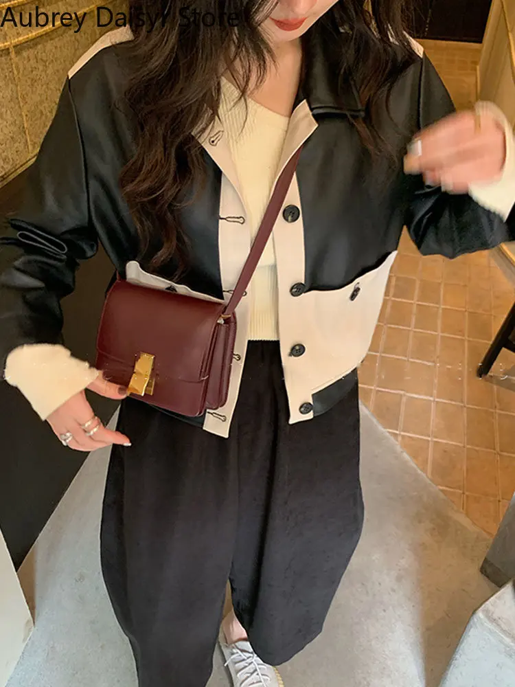 Korean Cropped Leather Jacket Women Vintage Streetwear Pockets Women's Autumn Jacket High Street Y2K Chic Faux Fur Coat 2021 New