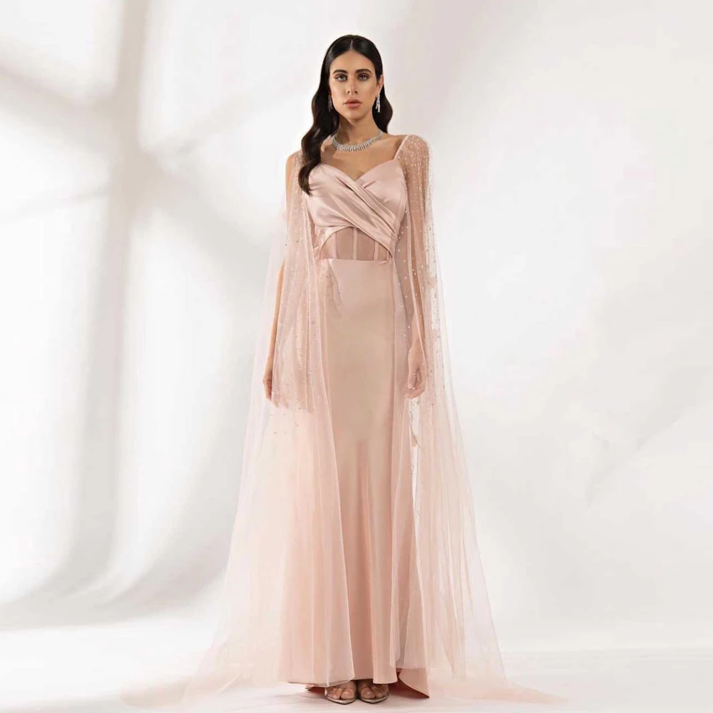 

Женское вечернее платье до пола ROSELLA, розовое платье с вышивкой бисером и рукавами-накидками, иллюзионное платье для выпускного вечера, новинка 2023