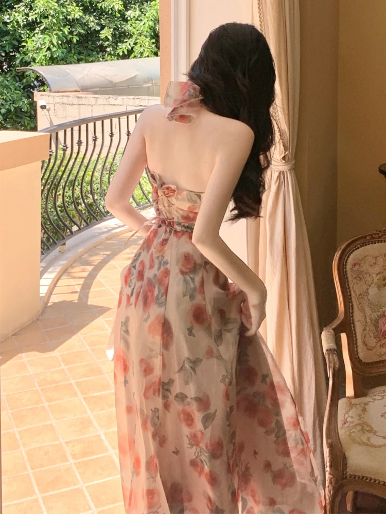 

Fairy French Floral Midi Dress Women Chic and Elegant Slim Sleeveless Vintage Dress Boho Beach Sexy Dresses Korean Summer 2022