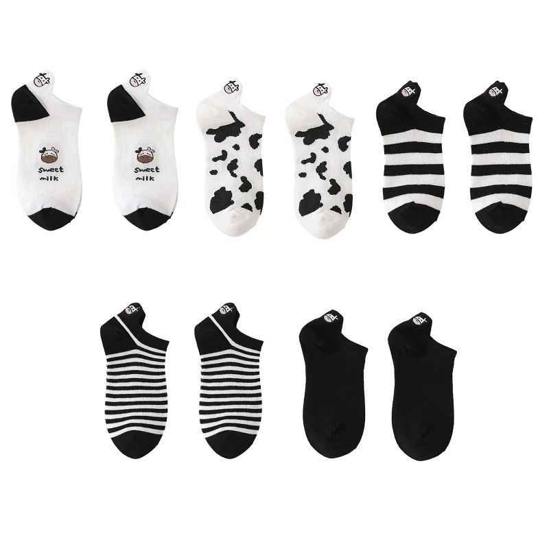 

Women Summer Low Cut Short Boat Socks Harajuku Cute Cow Striped Printed Animal Embroidery Invisible Anklet Hosiery