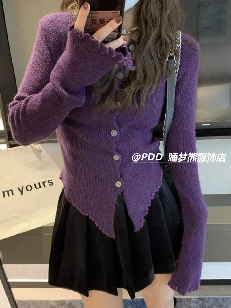 Y2k серый винтажный женский Кардиган с длинным рукавом в стиле Харадзюку