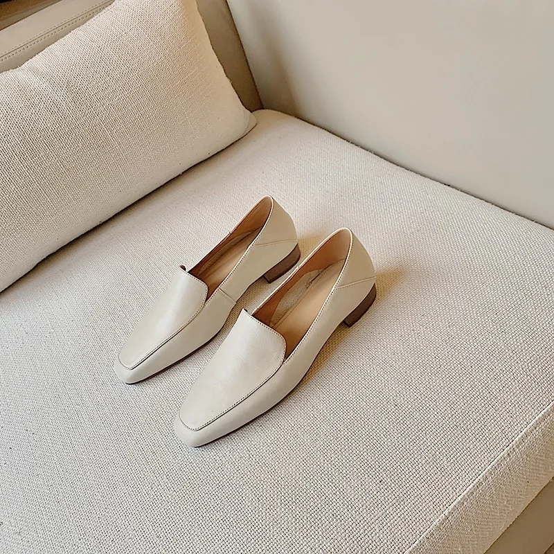 

Cow Womens Loafers Leather Square Toe Flats Ladies Simple Shoes Comfortable Slip On Low Heel Footwear For Spring Autumn
