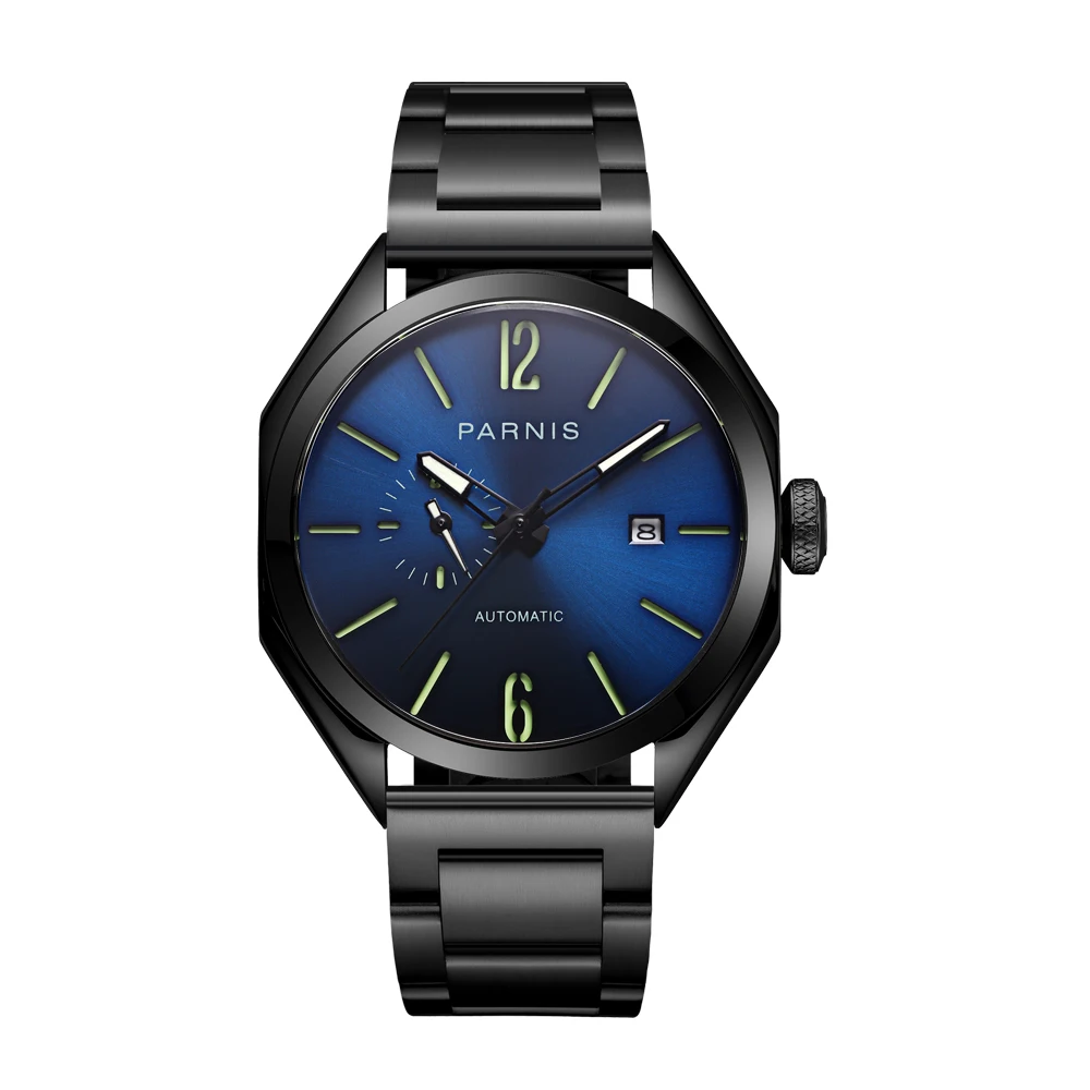 

Fashion Parnis 43mm Black Case Automatic Mechanical Men Watches Leather Strap Calendar Sapphire Glass Sports Watch reloj hombre