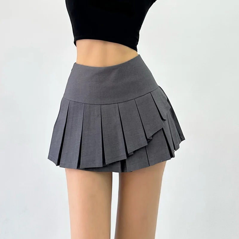 

TVVOVVIN HighStreet Spice Girl Slim Fit Irregular Pleated Skirt High Waist College Style Versatile Fashion A-line miniskirt DKGO