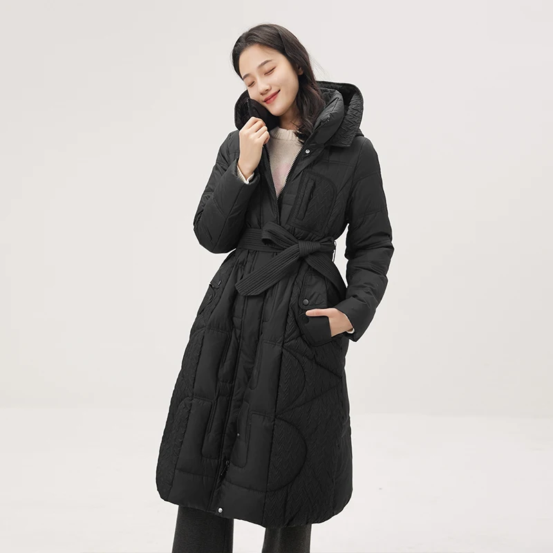 Winter Hooded Puffer Jacket  Long  90%  White Duck Down  High Street  Adjustable Waist  Coat Women  Jackets for Women