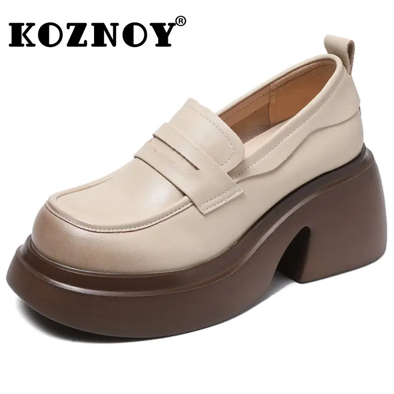 

Koznoy Genuine Leather Shoes 7.5cm Cow Thick Soled Women Moccasins Mary Jane British Platform Wedge Comfy Rubber Slip on Summer