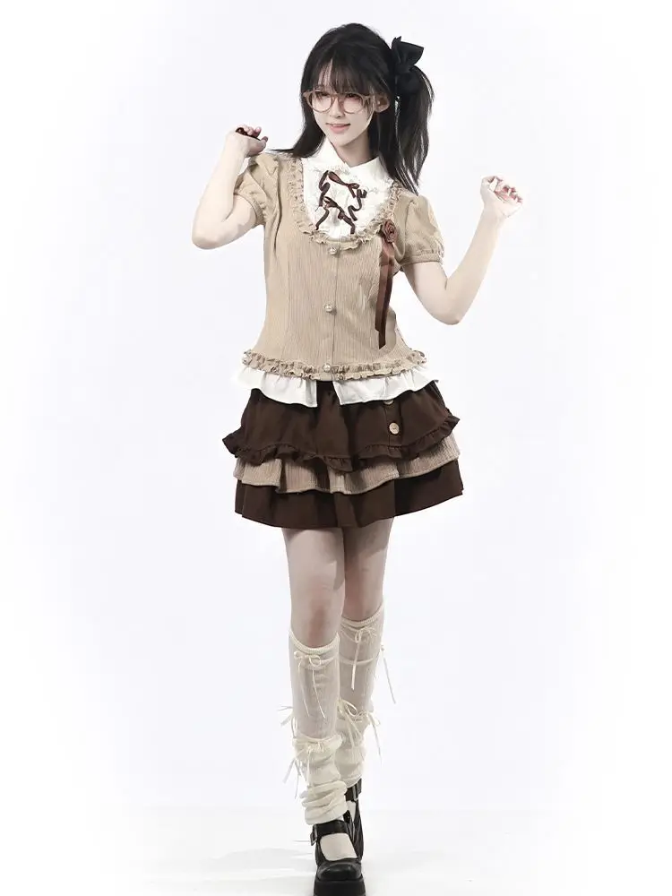 Фото Комплект из 2 предметов в стиле Sweet Lolita Kawaii: женская юбка-тортик с пышными рукавами, бантом, высокой талией и оборками, японская повседневная мода №4