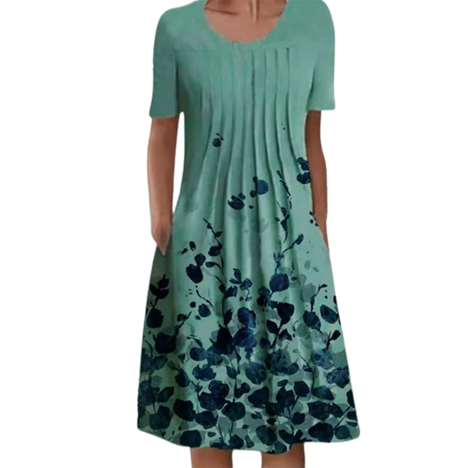 

2022 New Fashion Women's Summer Casual Round Neck Short Sleeve Folding Floral Printed Dresses mini vestidos de mujer