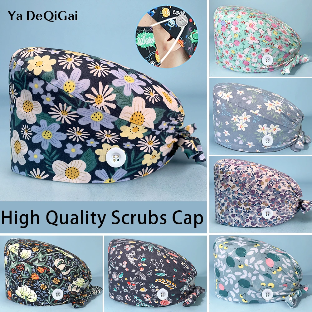 

High Quality Dentistry cap Surgical Scrubs women hats with sweatband cotton cartoon print Pet Grooming hat nurse accessories cap