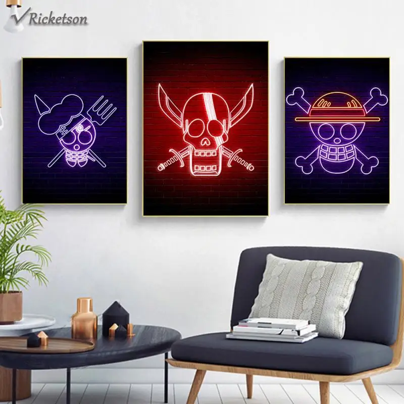 Скандинавская живопись с логотипом пиратского черепа Картина на холсте неоновая