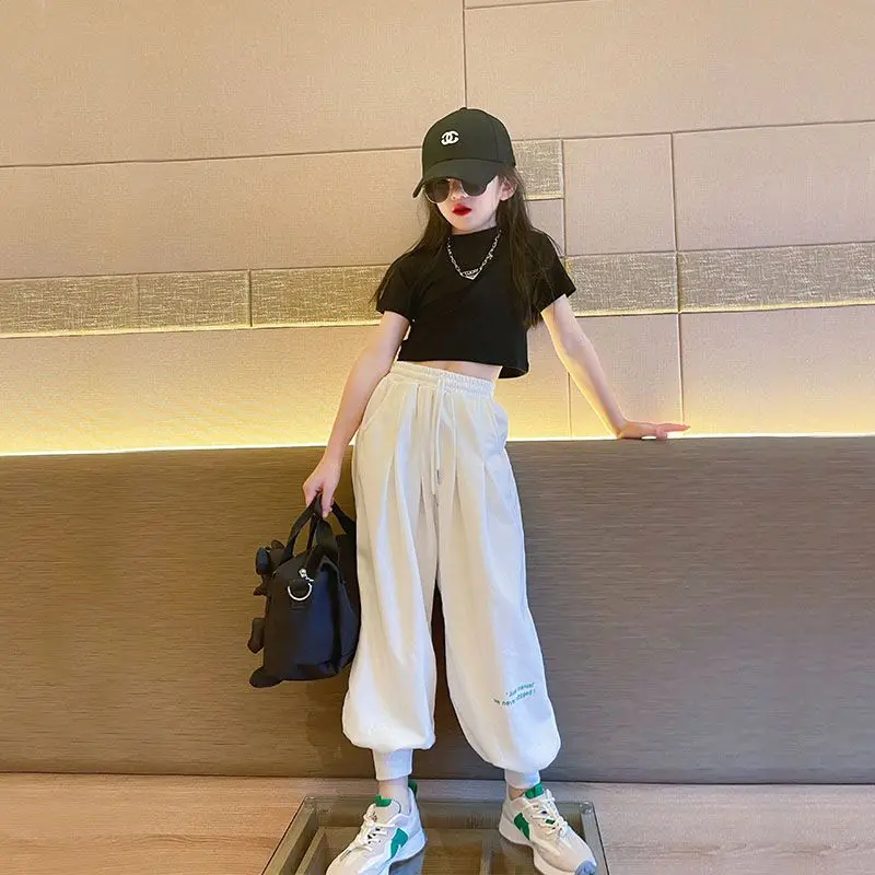 

Girls Casual Suit Summer 2023 New Kids Summer Sports Short Sleeve Streetwear Children High-waist Solid Color Two-piece Sets L41