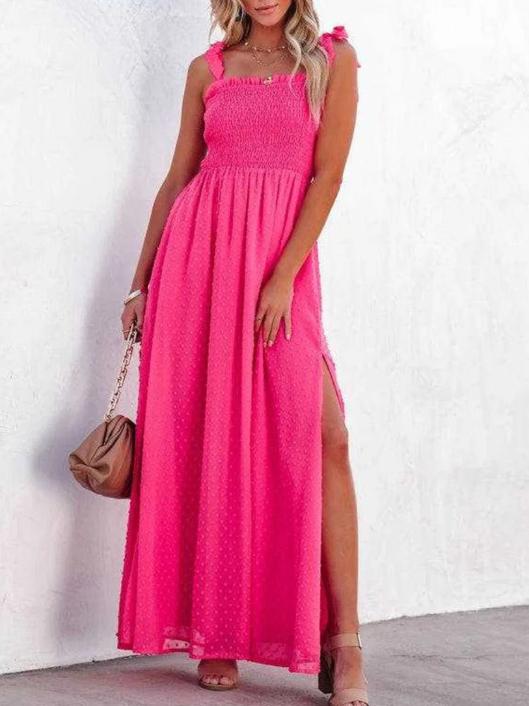

Women Solid Pompom Side Slit Dress Summer Spaghetti Straps Sleeveless Lace Up Dress Elegant Sling Backless Micro Folds Dresses