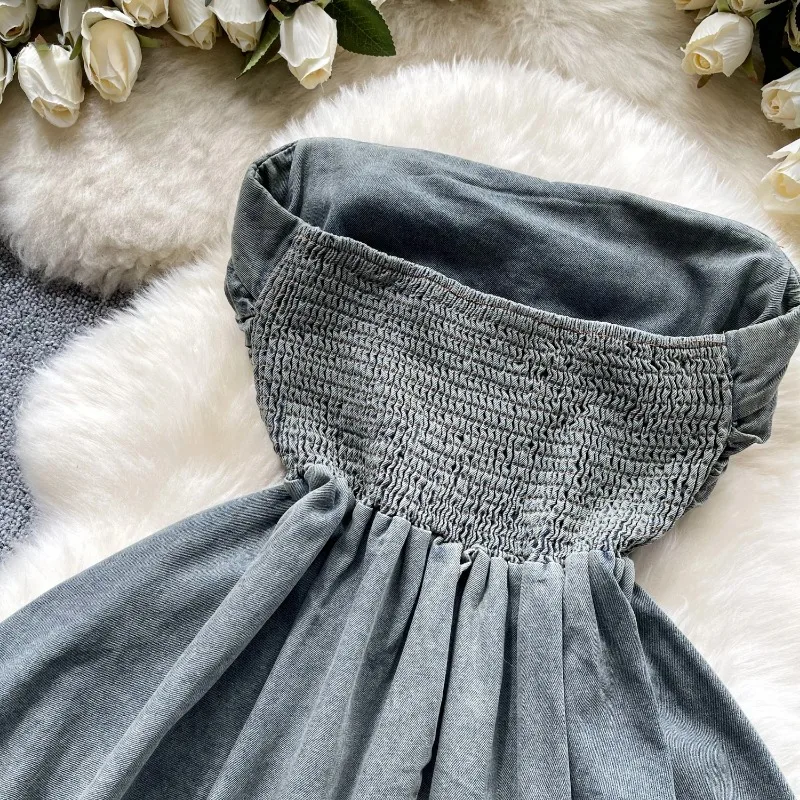 Ретро нестандартные джинсовые женские топы на бретелях с разрезом шее узкие