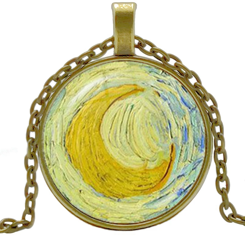 

New Retro Van Gogh Starry Sky Sunflower Works Glass Cabochon Pendant Metal Necklace Men and Women Sweater Chain Gift Jewelry