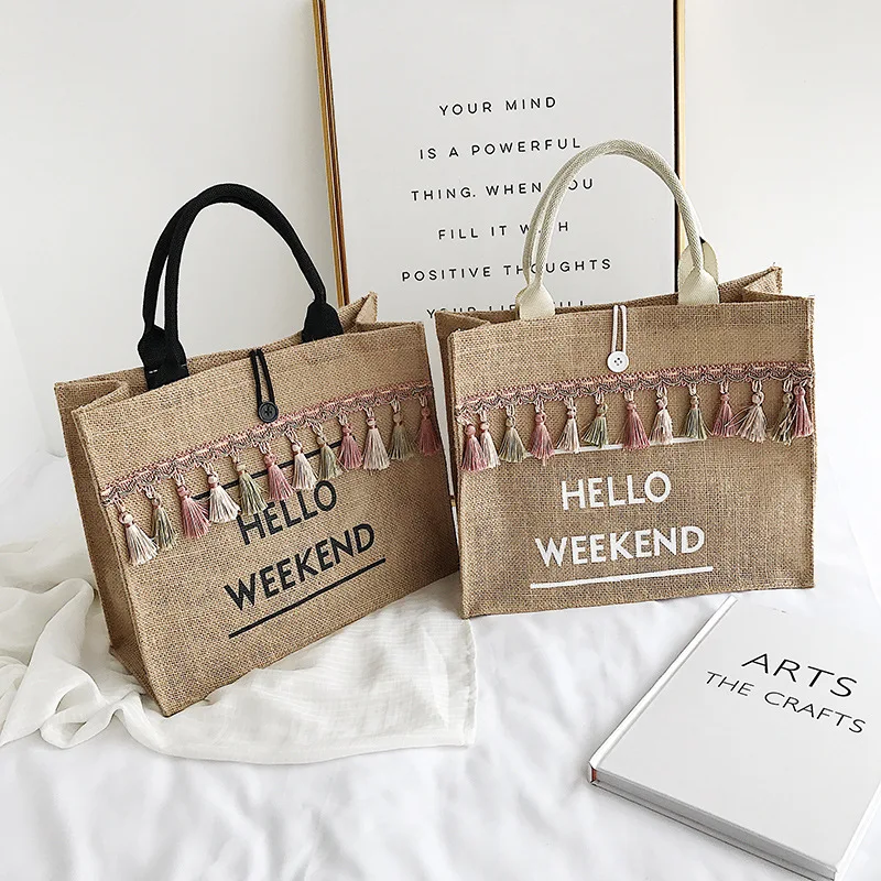 

2021Summer Beach Bags Handbags Large Capacity Lady Tassel Shoulder Bag Big Letter Linen Totes Casual Girls Travel Shopping Bag