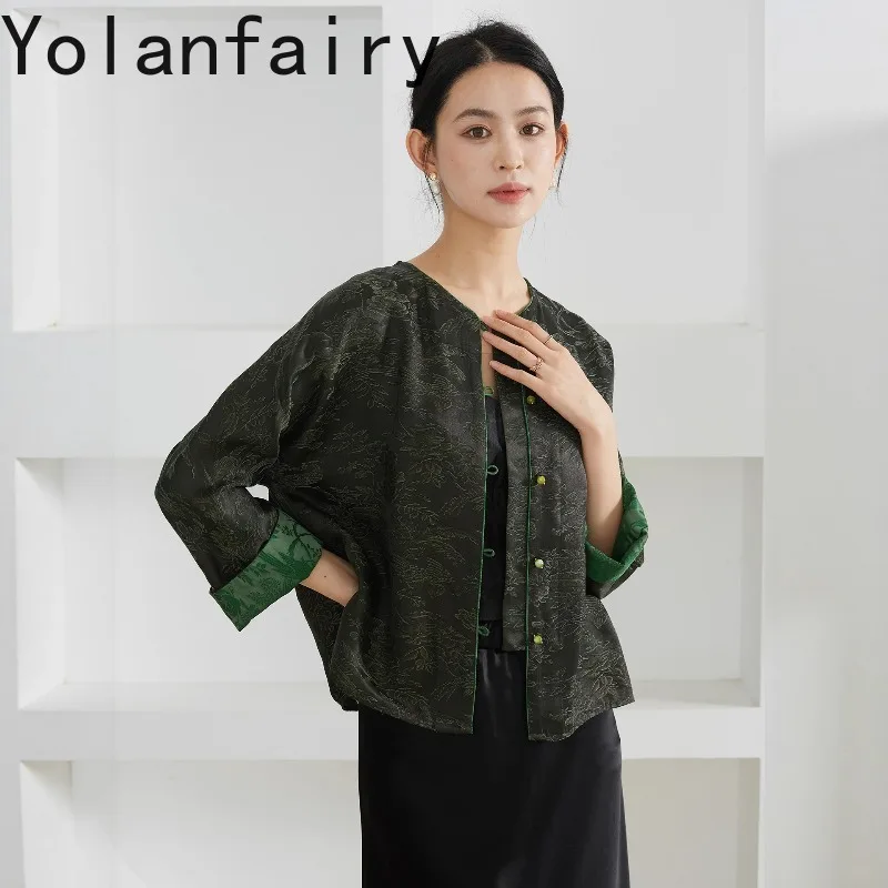Фото YOLANFAIRY 40 Momme Жаккардовая двусторонняя куртка из гамбированных шелковых тканей для женщин, 30% шелковые рубашки и блузки из тутового шелка, элегантный топ 2026 №1