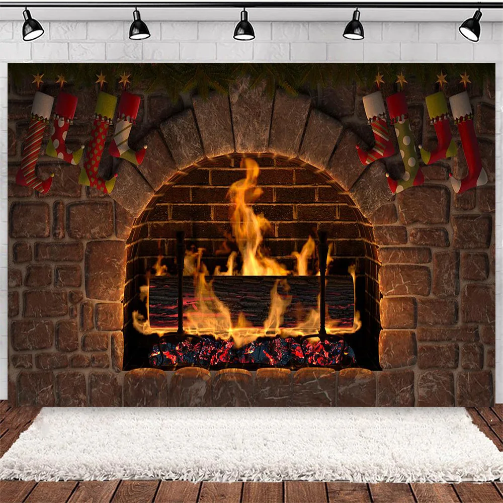 

Christmas Fireplace Backdrop Wood Burning Flame Backgrounds Supplies Home Decor Brick Fire Banner Photography Props Family Gifts